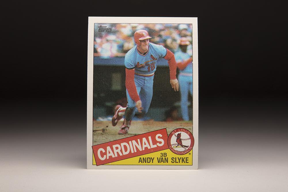 Front of the 1985 Topps Andy Van Slyke rookie card showing a young player in a Cardinals uniform